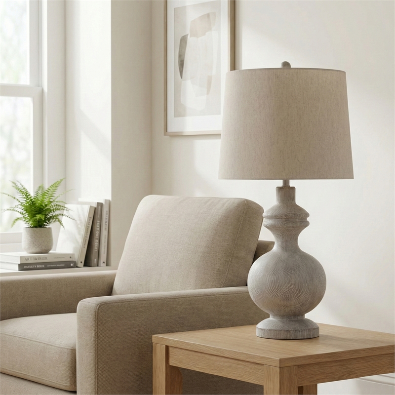 Maklaine Traditional White Wash Resin Table Lamp With Neutral Shade