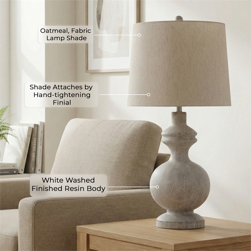 Maklaine Traditional White Wash Resin Table Lamp With Neutral Shade