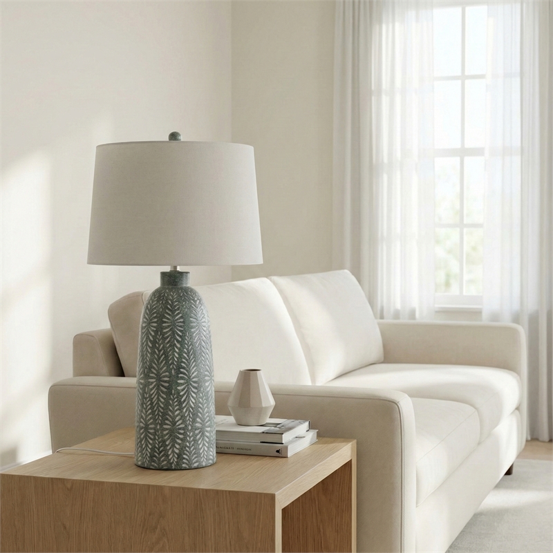 Maklaine Resin Green & Cream Table Lamp Tapered Linen Shade 17