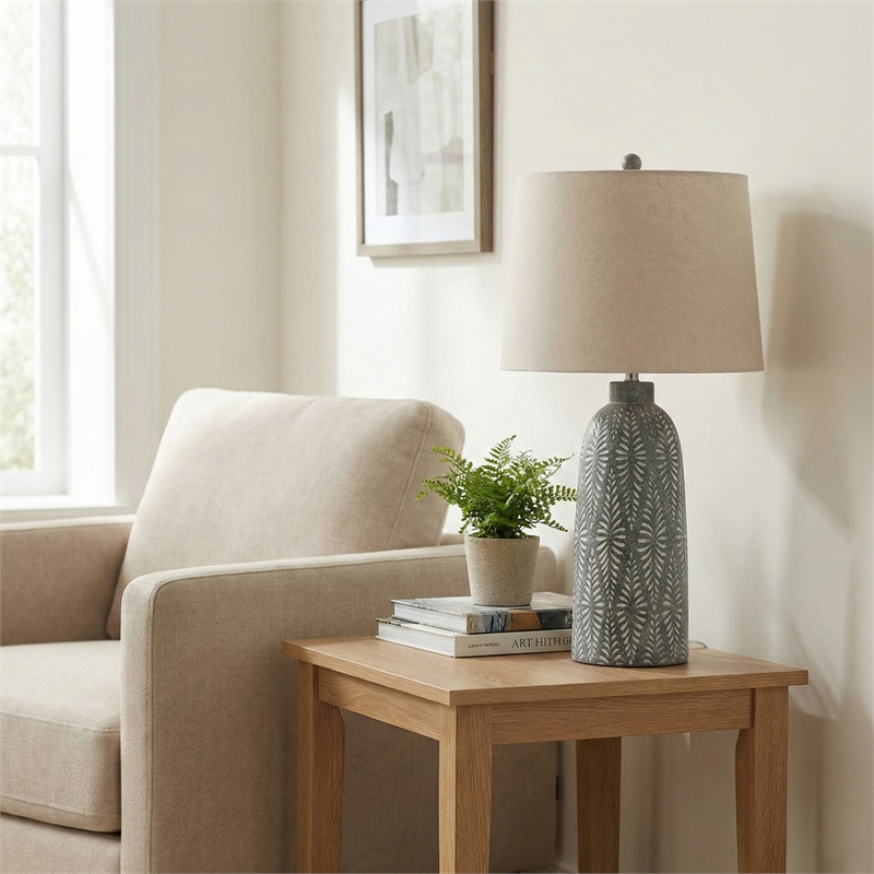 Maklaine Resin Green & Cream Table Lamp Tapered Linen Shade 17