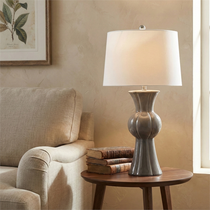 Maklaine Resin Green & Cream Table Lamp Tapered Linen Shade 17