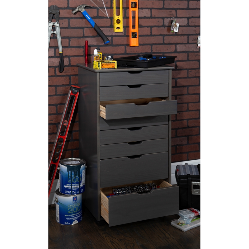 Maklaine Transitional Eight Drawer Rolling Storage Cart in Gray Wood