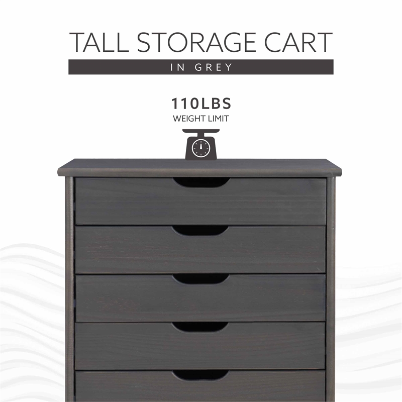Maklaine Transitional Eight Drawer Rolling Storage Cart in Gray Wood
