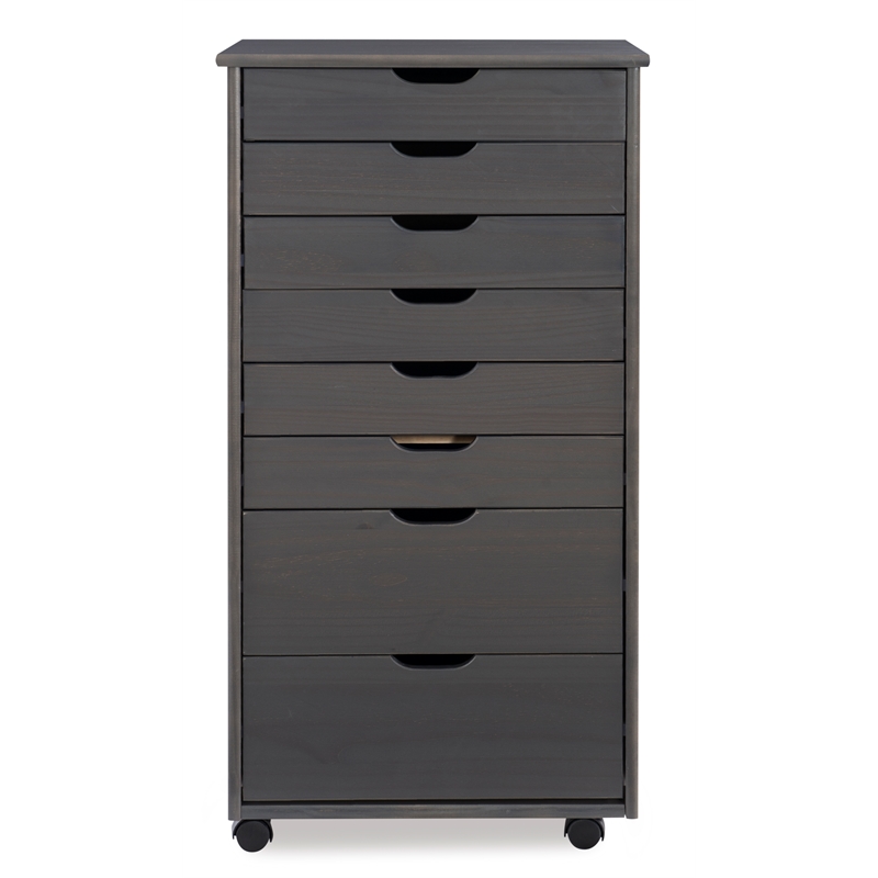 Maklaine Transitional Eight Drawer Rolling Storage Cart in Gray Wood