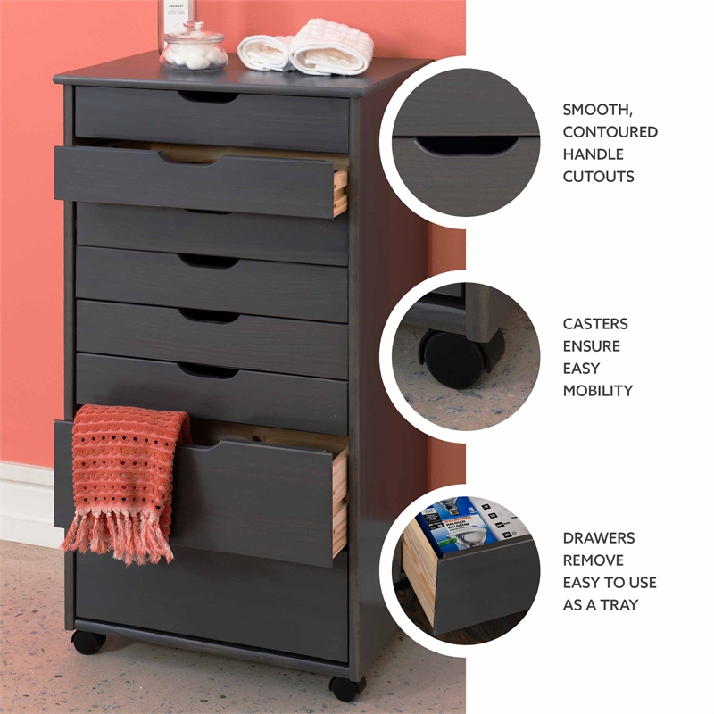 Maklaine Transitional Eight Drawer Rolling Storage Cart in Gray Wood