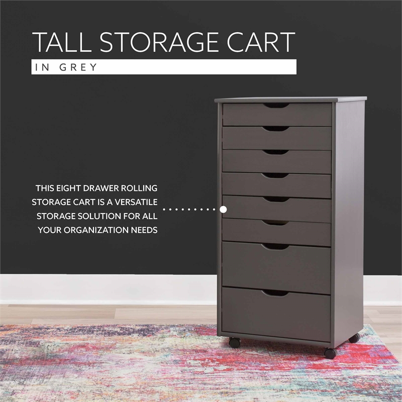 Maklaine Transitional Eight Drawer Rolling Storage Cart in Gray Wood
