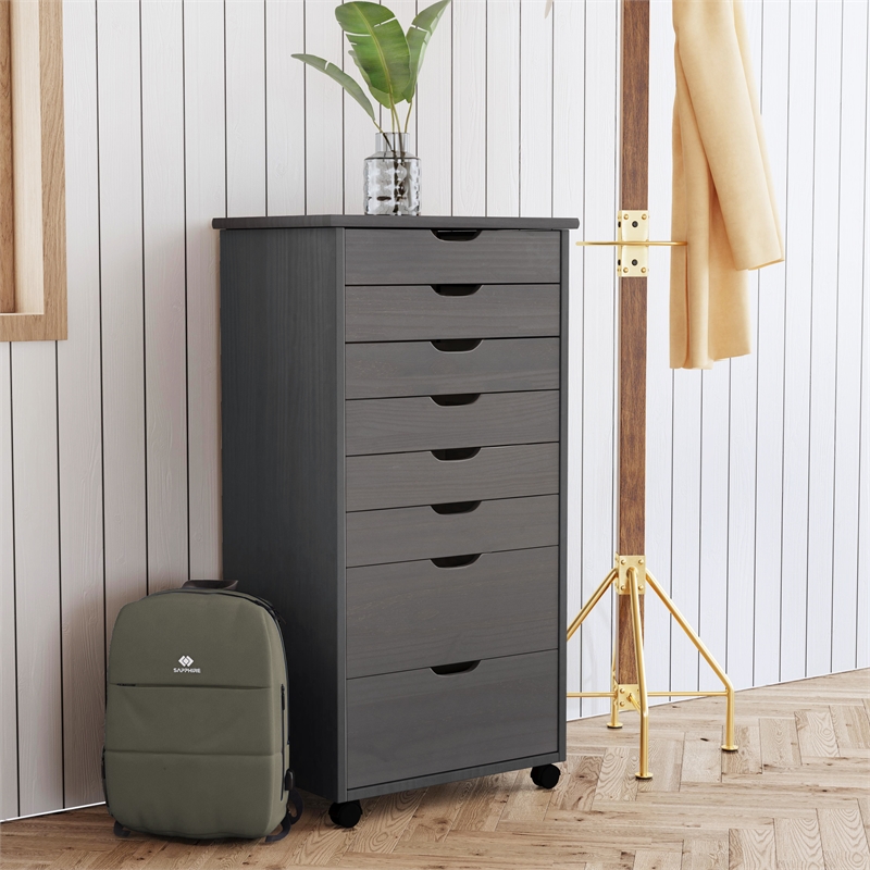 Maklaine Transitional Eight Drawer Rolling Storage Cart in Gray Wood