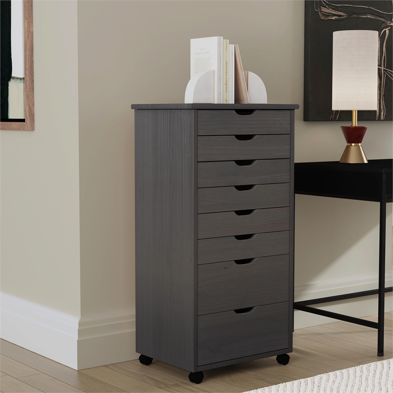 Maklaine Transitional Eight Drawer Rolling Storage Cart in Gray Wood
