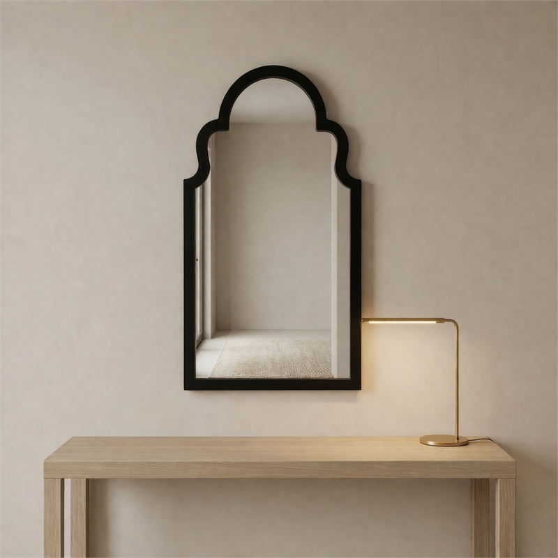 Maklaine Soft Rounded Silhouette Wood Frame Wall Mirror in Black Lacquer