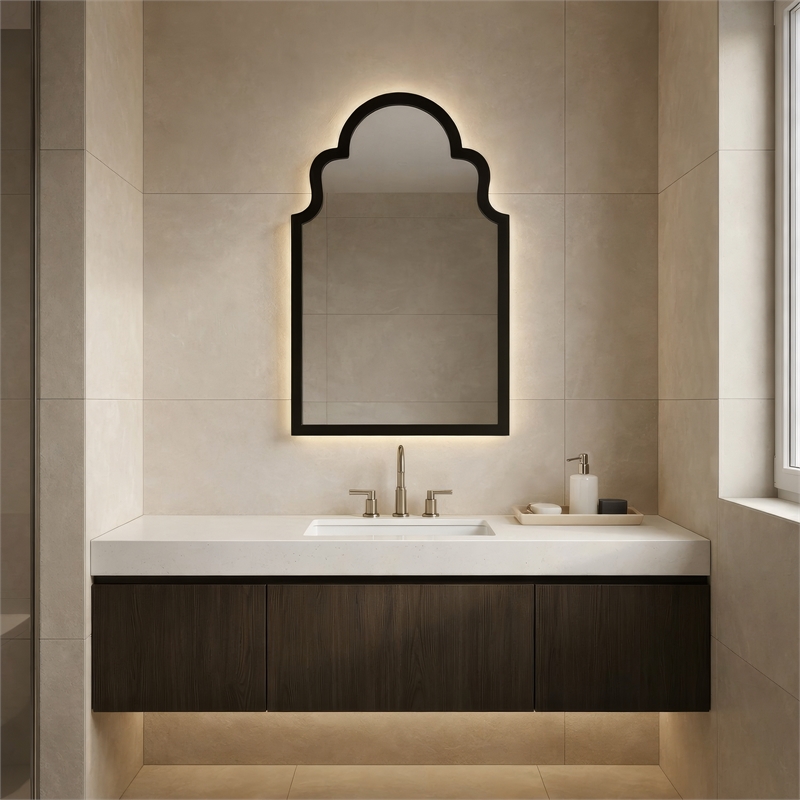 Maklaine Soft Rounded Silhouette Wood Frame Wall Mirror in Black Lacquer
