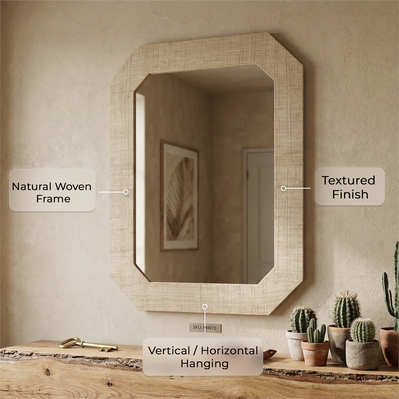 Maklaine Rectangular Wall Mirror with Natural Raffia Wrapped Frame