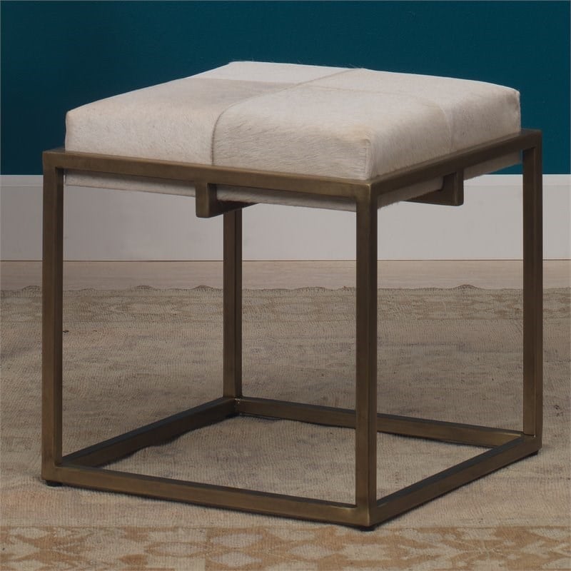 Maklaine Contemporary Metal and Leather Hide Stool in Nickel/White