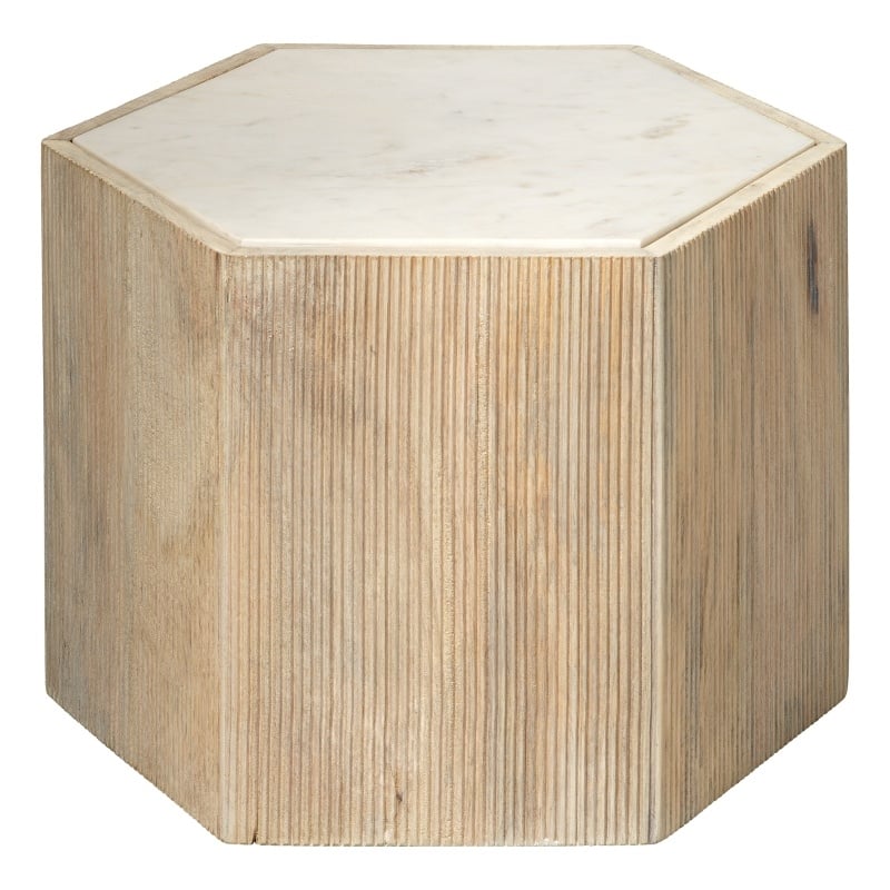 Maklaine Hexagon Mango Wood and Marble Medium Side Table in Natural/White