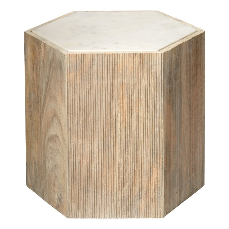 Maklaine Hexagon Mango Wood and Marble Large Side Table in Natural/White
