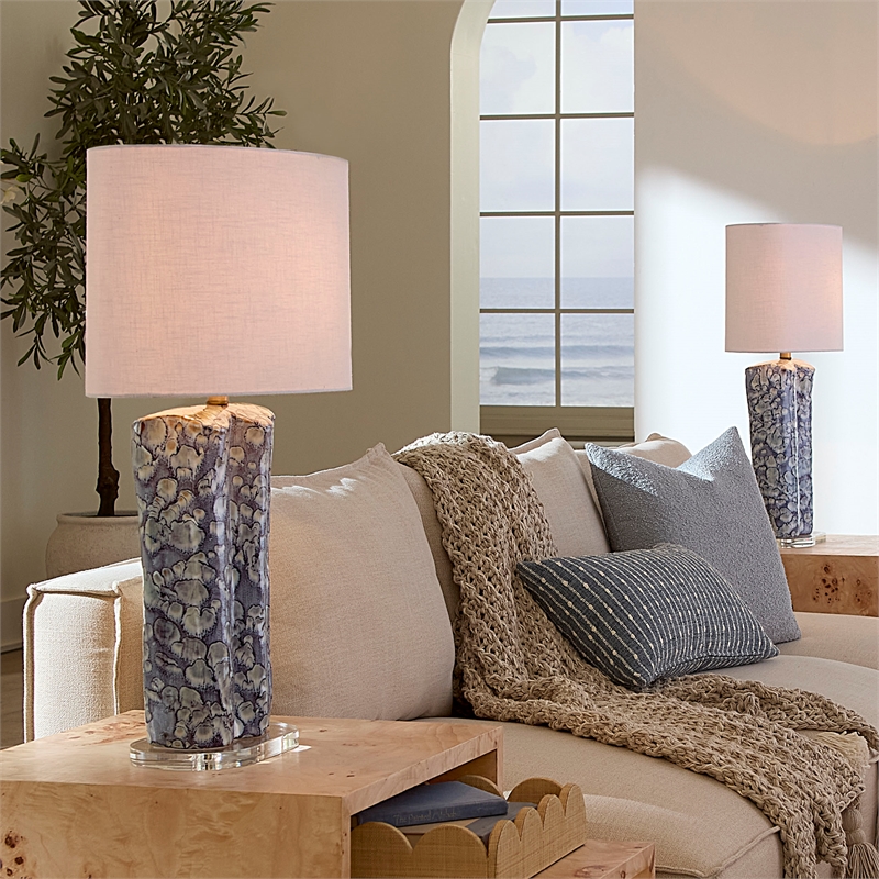 Maklaine Handmade Ceramic Table Lamp With Oval Linen Shade in Blue
