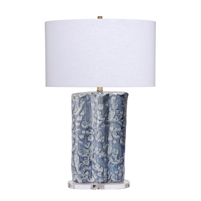 Maklaine Handmade Ceramic Table Lamp With Oval Linen Shade in Blue