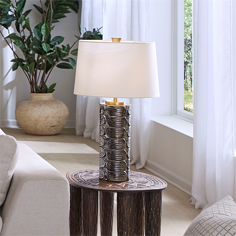 Maklaine Handmade Iridescent Espresso Ceramic Table Lamp With Linen Shade