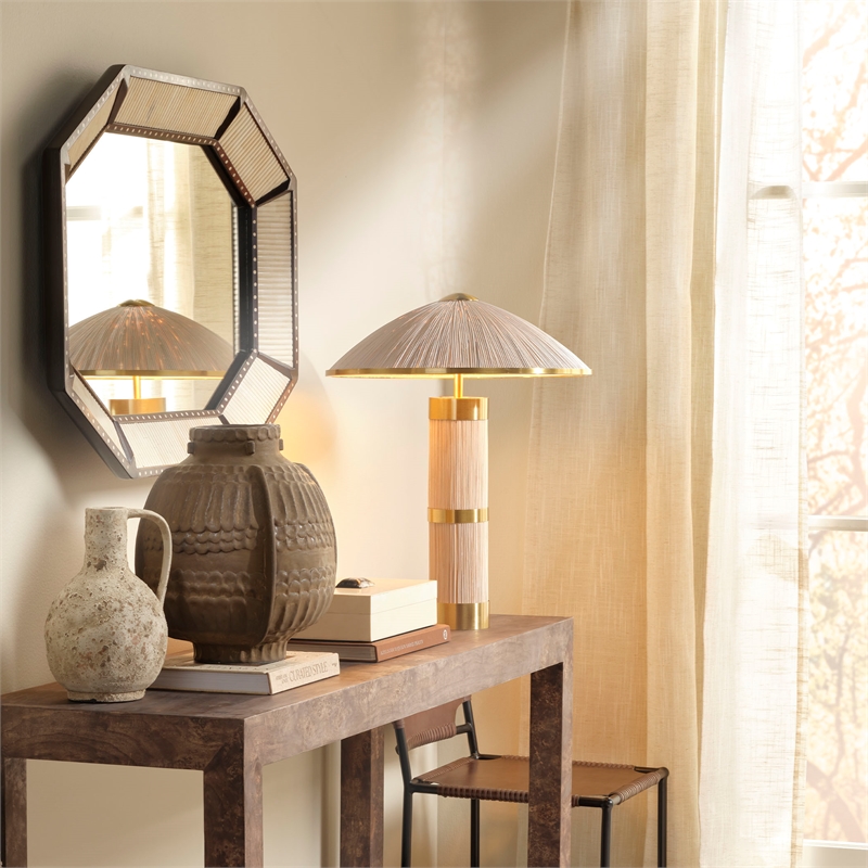 Maklaine Whitewashed Rattan Table Lamp With Brass Trim in Natural Beige