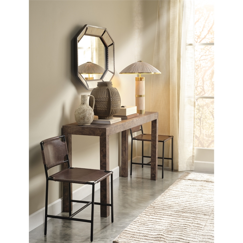Maklaine Whitewashed Rattan Table Lamp With Brass Trim in Natural Beige