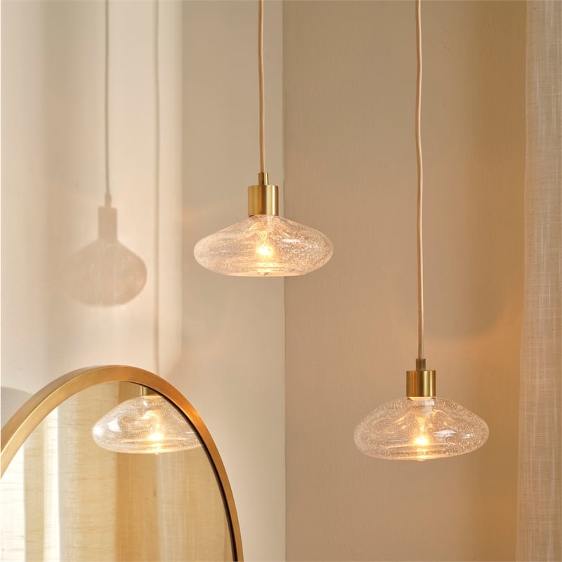 Maklaine 1-Light Hand-Blown Seeded Glass Pendant in Antique Brass