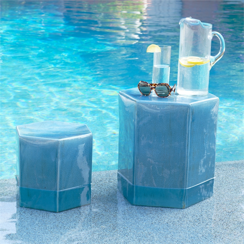 Maklaine Handmade Geometric Ceramic Side Table in Azure Blue Teal