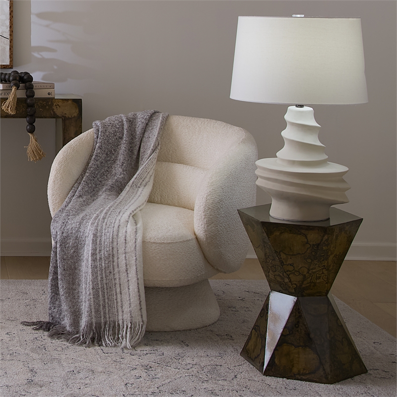 Maklaine Handmade Ceramic Sculptural Table Lamp With Linen Shade in Off White