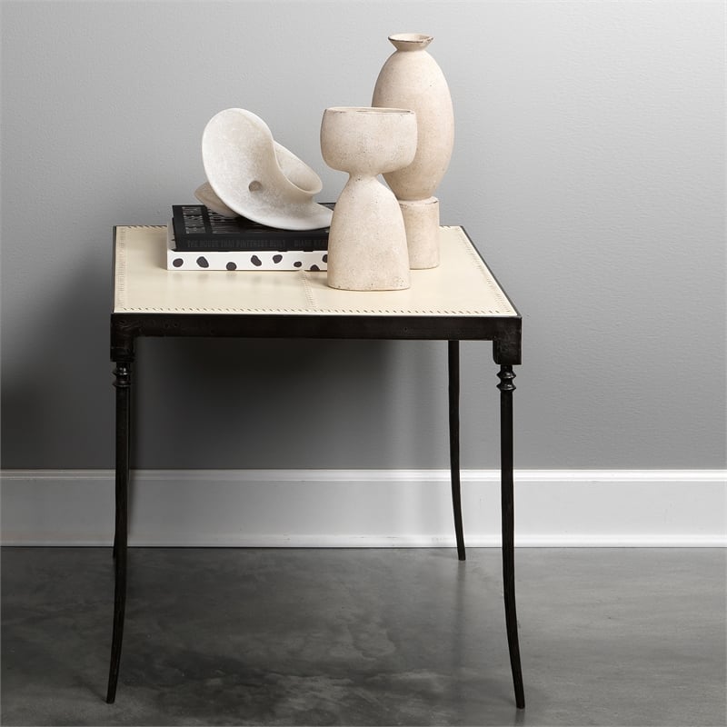 Maklaine Hand-Forged Iron & Leather Side Table With Saber Legs - Off White/Black