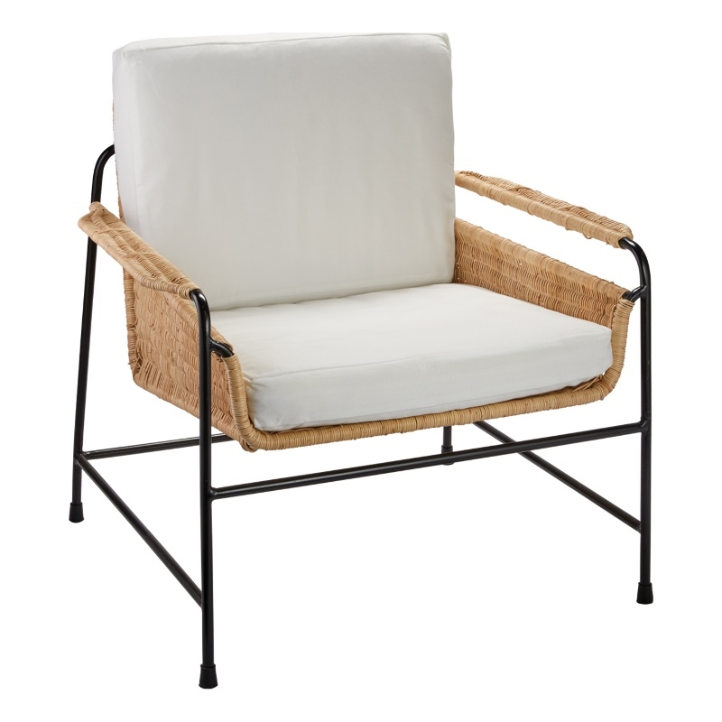Maklaine Woven Rattan and Steel Lounge Chair With Cushions in Natural/Black