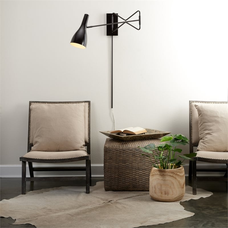 Maklaine Swing Arm Steel Wall Sconce With White Hood in Oil Rubbed Bronze