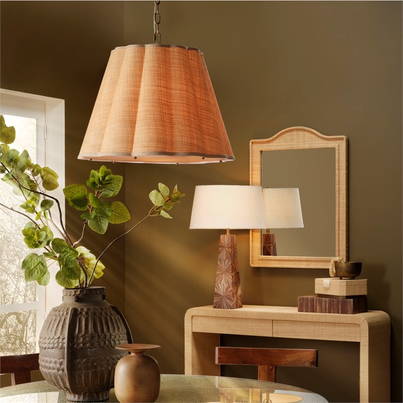 Maklaine 1-Light Iron and Raffia Pendant With Brass Chain in Natural
