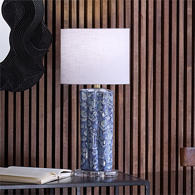 Maklaine Small Handmade Scalloped Ceramic Table Lamp With Linen Shade in Blue