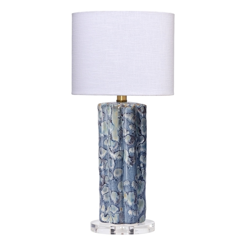 Maklaine Small Handmade Scalloped Ceramic Table Lamp With Linen Shade in Blue