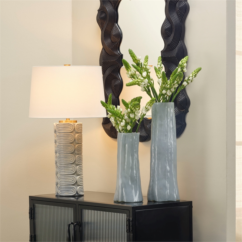 Maklaine Handmade Geometric Ceramic Table Lamp With Linen Shade in Blue