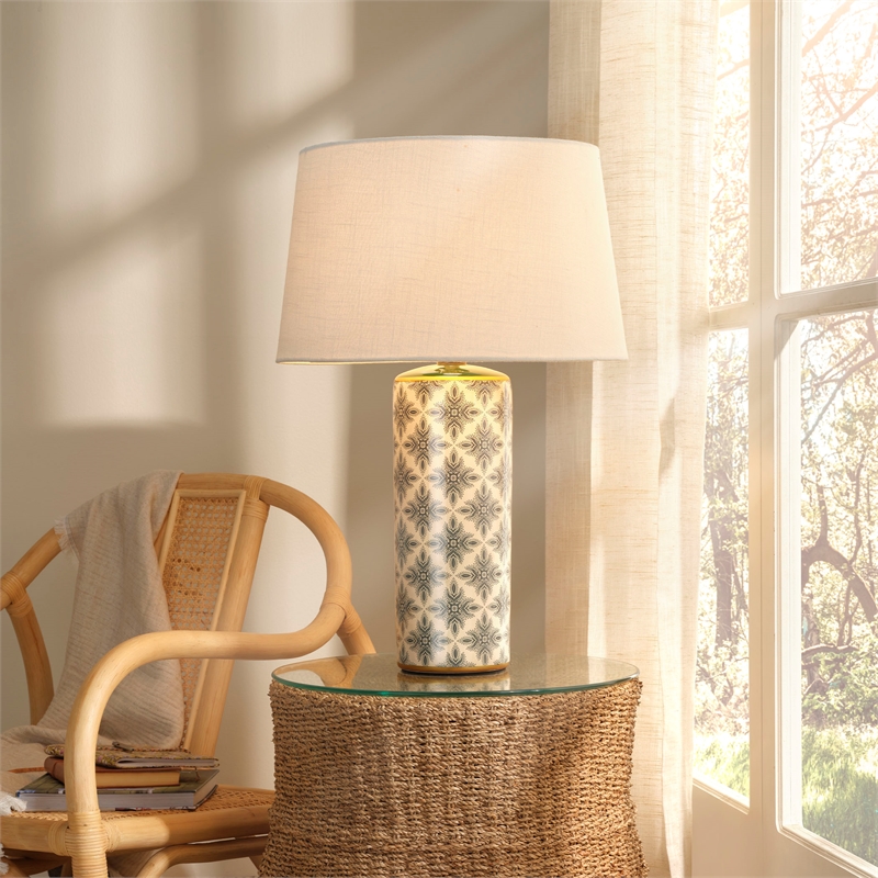 Maklaine Handmade Hand-Stamped Ceramic Table Lamp With Linen Shade in Green