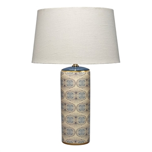 Maklaine Handmade Hand-Stamped Ceramic Table Lamp With Linen Shade in Blue