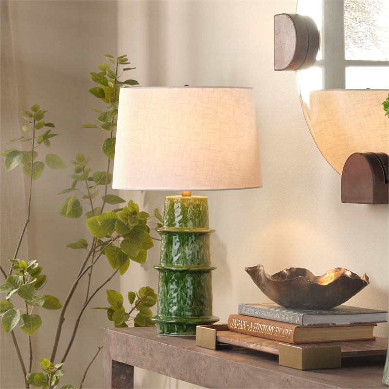 Maklaine Handmade Green Reactive Glaze Ceramic Table Lamp With Linen Shade