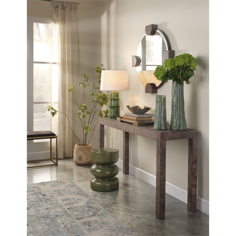 Maklaine Handmade Green Reactive Glaze Ceramic Table Lamp With Linen Shade