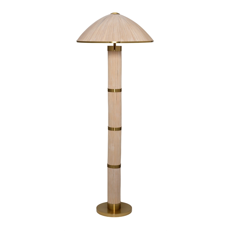Maklaine 2-Light Handcrafted Rattan and Brass Floor Lamp in Natural Beige