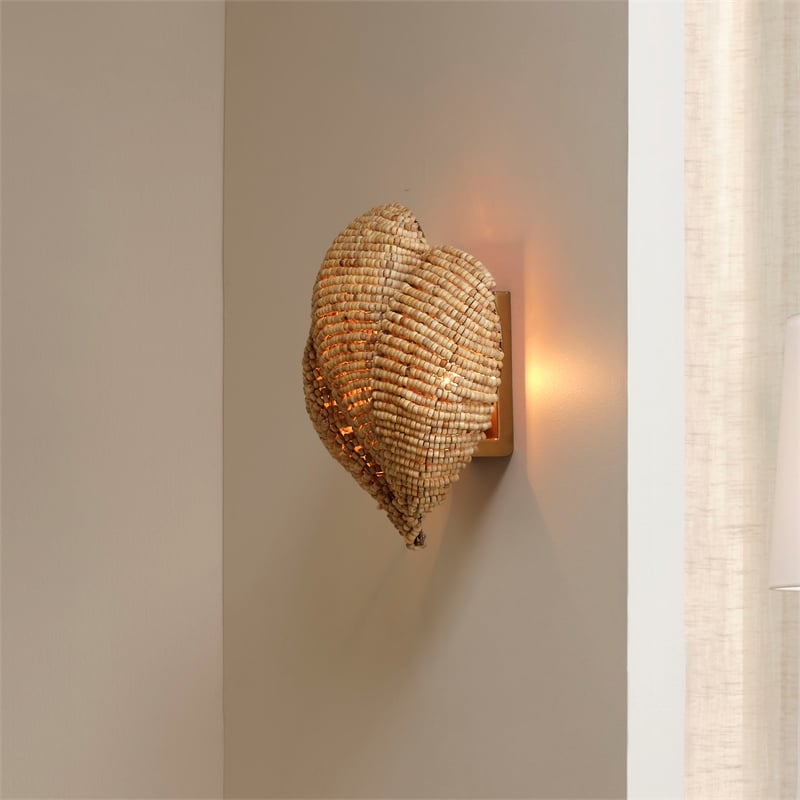 Maklaine 1-Light Hand-Carved Mango Wood Bead Wall Sconce in Natural Beige