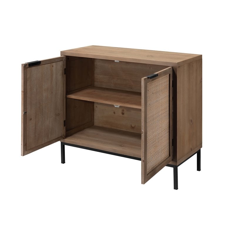 Maklaine 2-Door Coastal Wood and Rattan Iron Accent Cabinet in Brown