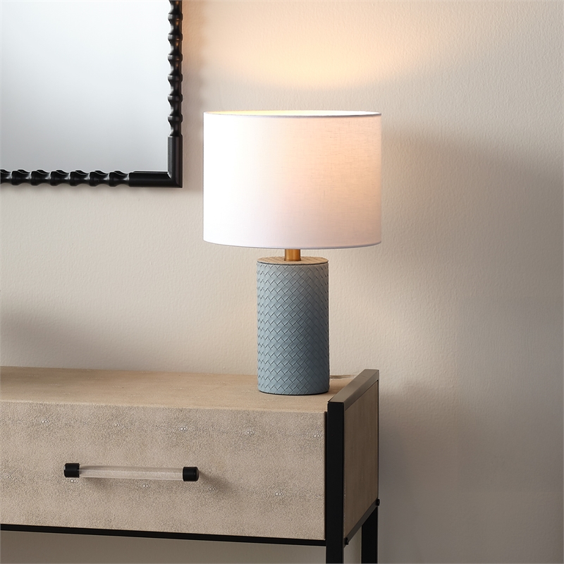 Maklaine Hand-Woven Leather Wrapped Table Lamp With Linen Shade in Blue