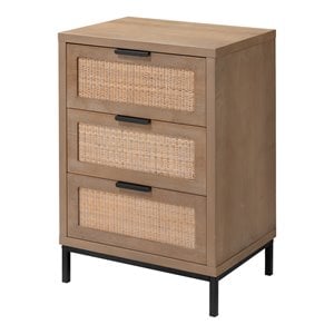 Maklaine 3-Drawer Coastal Wood and Rattan Iron Side Table in Brown