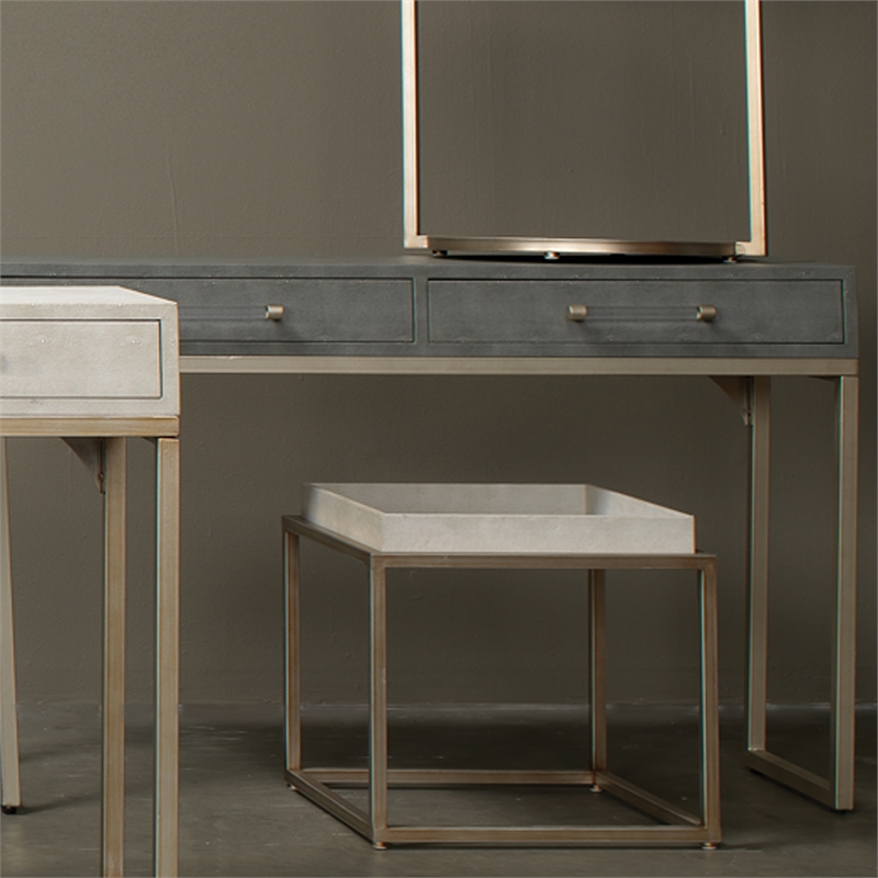 Maklaine 2-Drawer Faux Shagreen Leather and Iron Console Table in Gray