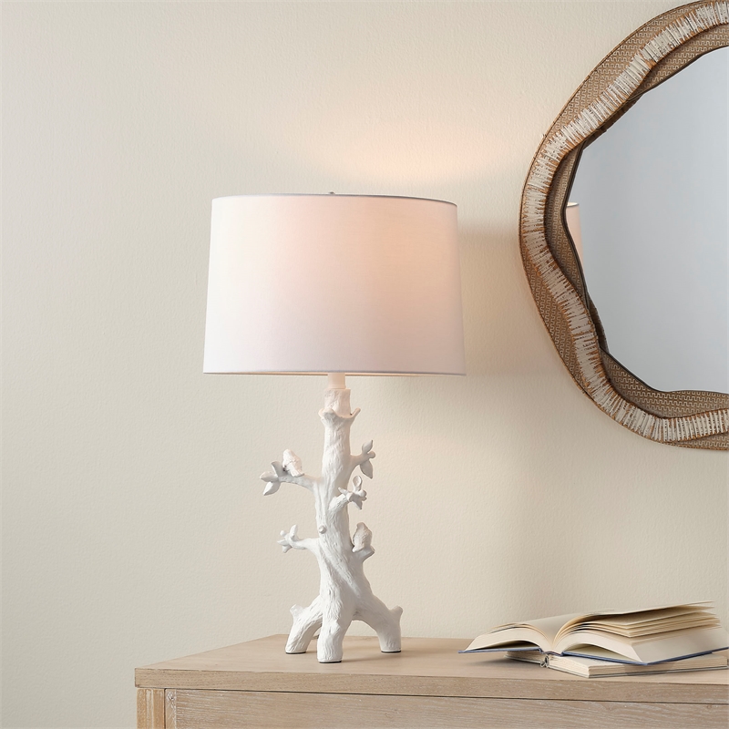 Maklaine Handcrafted Resin Songbird Table Lamp With Linen Shade in White