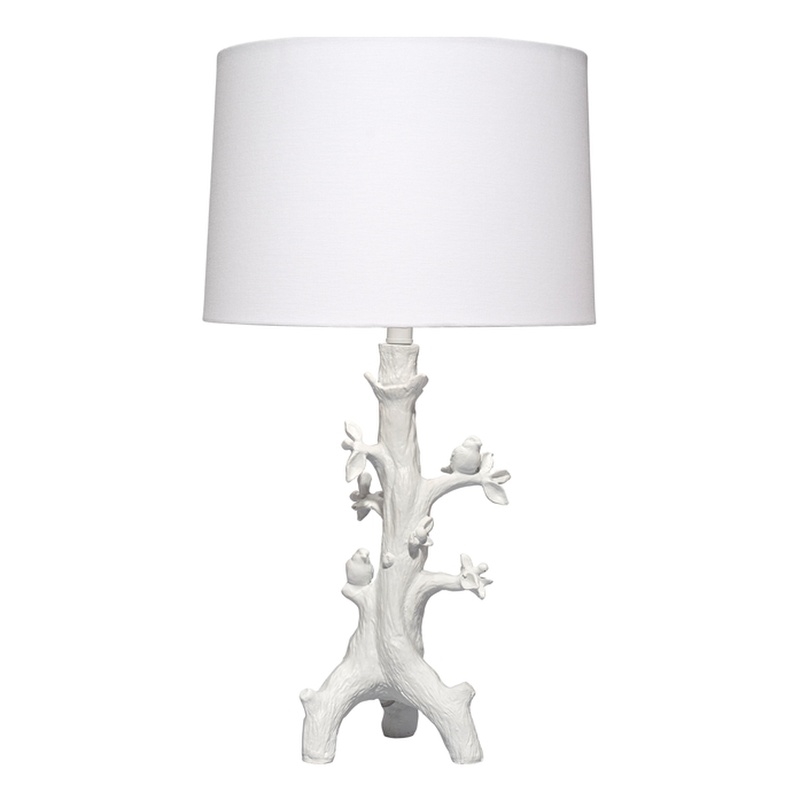 Maklaine Handcrafted Resin Songbird Table Lamp With Linen Shade in White