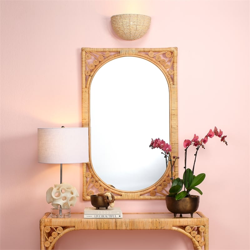 Maklaine Iron and Hand-Carved Wood Bead Demi Lune Wall Sconce in Natural
