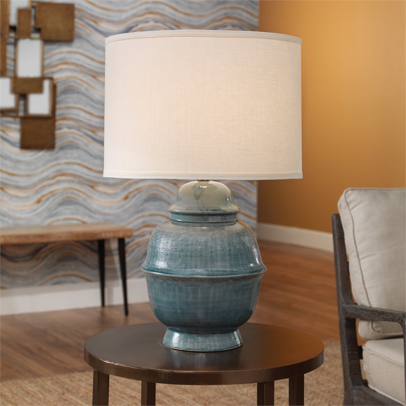 Maklaine Handmade Textured Ceramic Table Lamp With Linen Shade in Blue