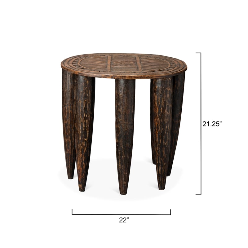 Maklaine Hand-Carved 9-Legged Mango Wood Side Table in Brown
