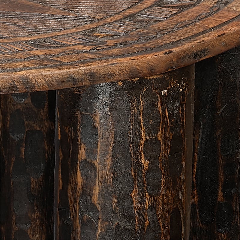 Maklaine Hand-Carved 9-Legged Mango Wood Side Table in Brown