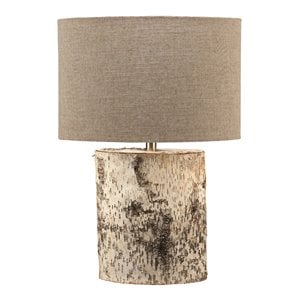 Maklaine Birch Veneer Oval Resin Table Lamp With Linen Shade in Brown